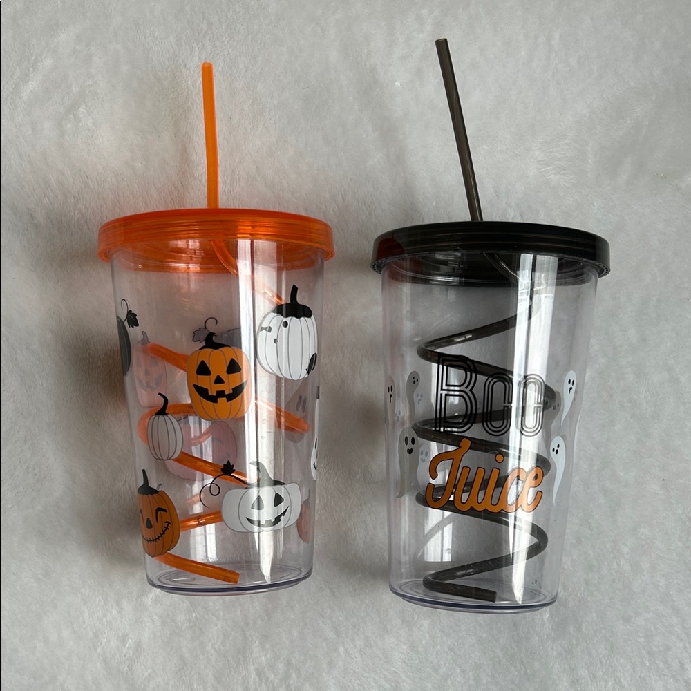 Halloween Pumpkin and Ghost Cup Set with Curly Straws